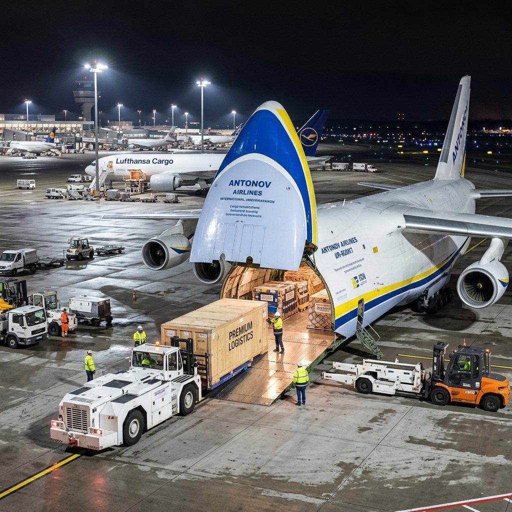 Cargo airplane being loaded at an airport