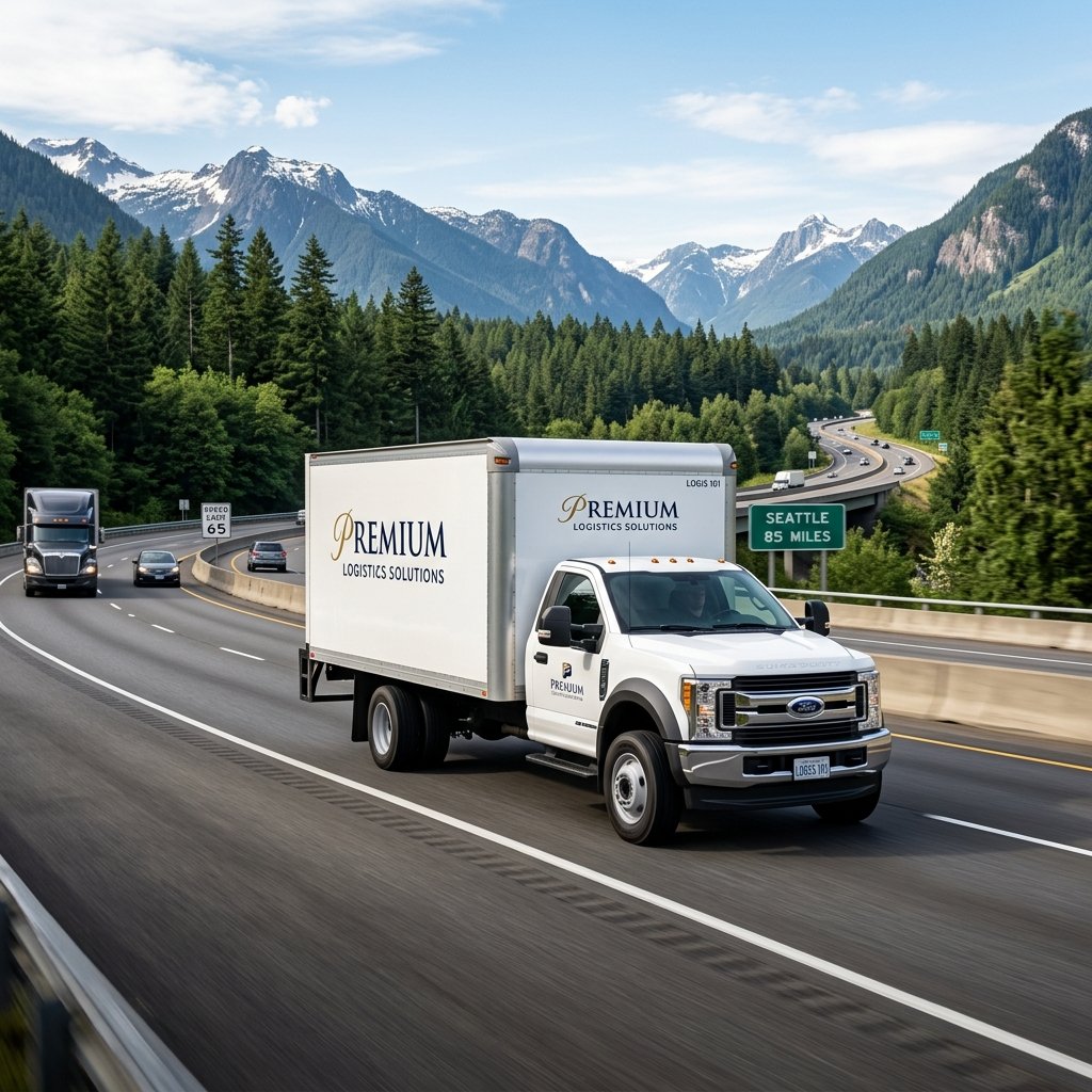White delivery truck driving on a highway